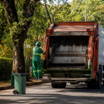 Caminhão de coleta de resíduos circula por rua arborizada de Porangaba, no interior de São Paulo